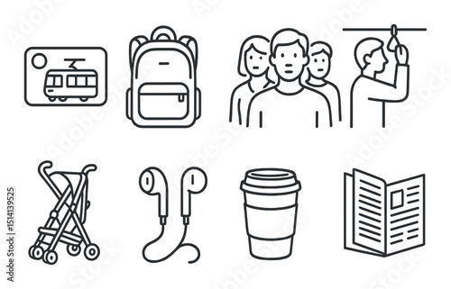 Commuter essentials outline icons set – linear, travel and transportation symbols