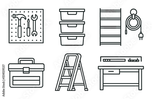 Garage essentials outline icons set – tools, organization and maintenance symbols
