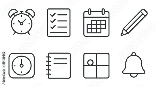 Daily schedule outline icons set – silhouette, time management and planner symbols