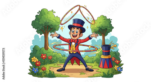 magician performing hoop and ring trick in garden
