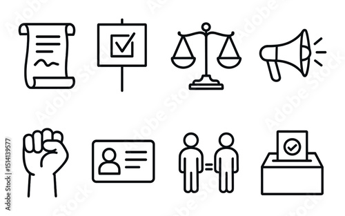 Voting rights outline icons set – election, democracy and civic engagement symbols