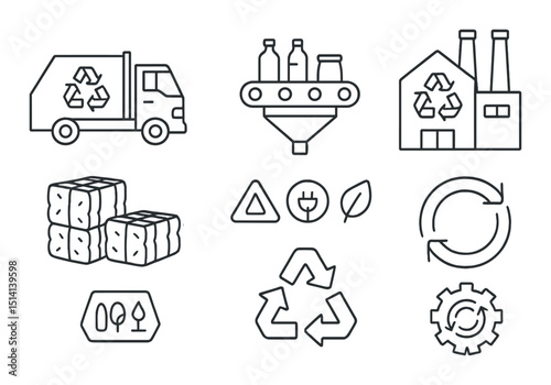 Recycling process outline icons set – eco-friendly, waste management symbols