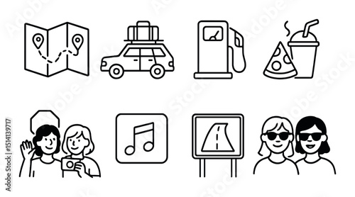 Road trip essentials outline icons set – travel, vacation and adventure symbols