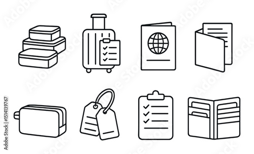 Travel essentials outline icons set – simple pack, luggage and journey symbols