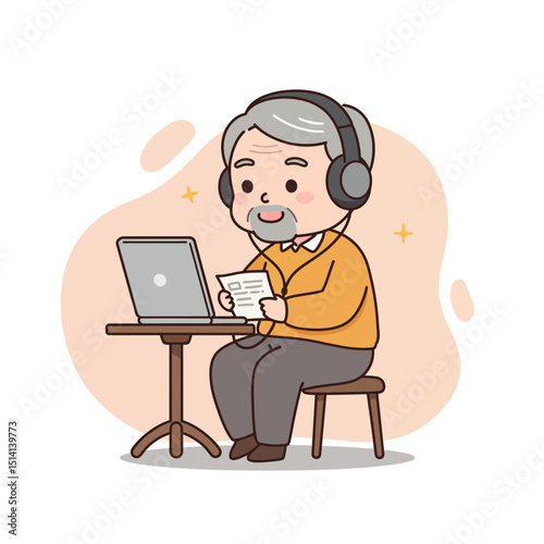 Elderly man with headphones learning while sitting at a table  