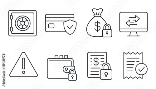 Financial security silhouette icons set – protection, safety, and transaction graphics