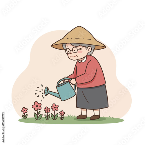 Elderly woman watering flowers in garden while wearing a hat  