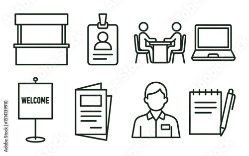 Corporate hiring outline icons set – recruitment, employment, job application visuals