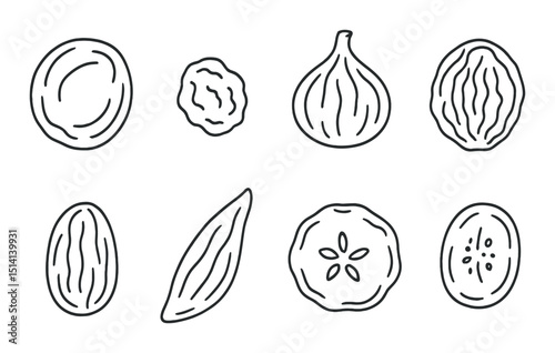 Dried fruits silhouette icons set – outline, healthy snacks and natural food symbols