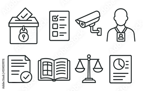 Fair elections outline icons set – voting, democracy and transparency symbols