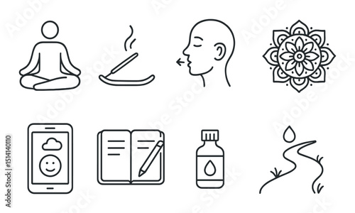 Mindfulness line icons set – outline, meditation and relaxation essential symbols