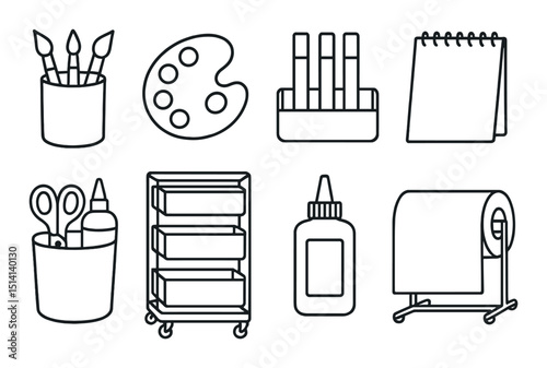 Art supply tools outline icons set – drawing, craft and creative design essentials
