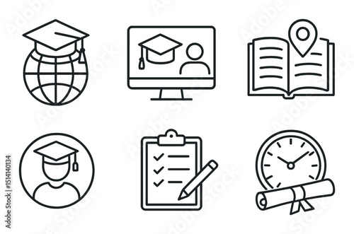 Global education silhouette icons set – simple, learning, academic symbols