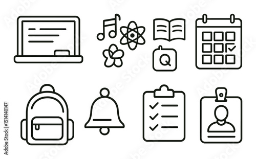 School agenda essentials line icons set – planner, checklist and education symbols