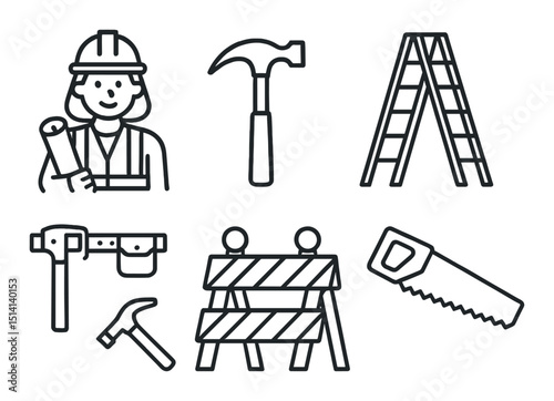 Construction tools silhouette icons set – outline, building and repair equipment symbols