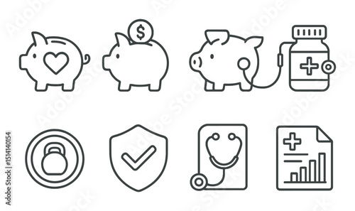 Health and finance outline icons set – silhouette, medical and piggy bank symbols