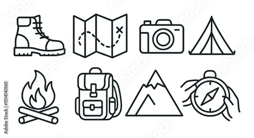 Outdoor adventure line icons set – silhouette, camping and hiking essentials symbols