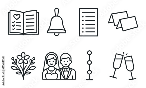 Wedding linear icons set – outline, ceremony, marriage planning symbols
