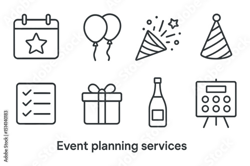 Event planning outline icons set – party, celebration and ceremony design symbols