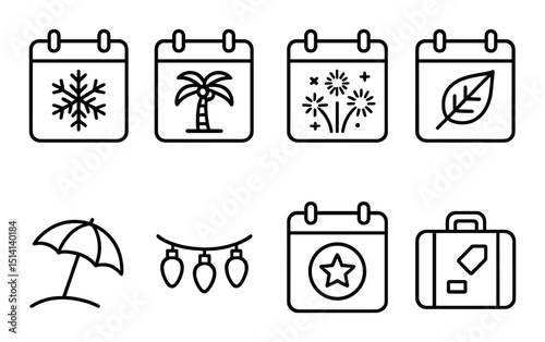 Holiday calendar outline icons set – seasonal, event and celebration symbols