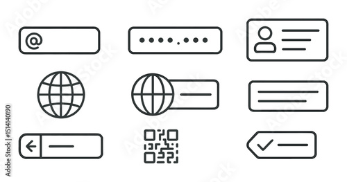 Digital address line icons set – outline, contact and communication symbols