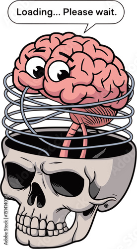 Stressed-Out Brain Cartoon Illustration Tangled in Wires with “Loading… Please Wait” Text – Funny Mental Health Burnout Vector on Transparent Background