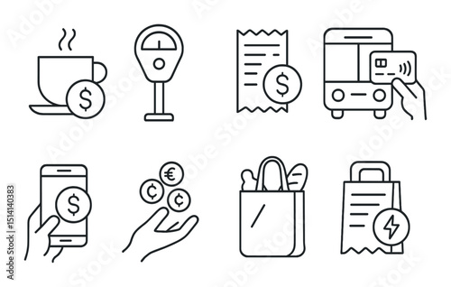 Daily expenses outline icons set – budget, finance and money management symbols