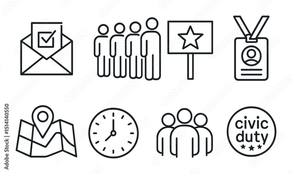 Election day linear icons set – outline, voting and civic engagement symbols