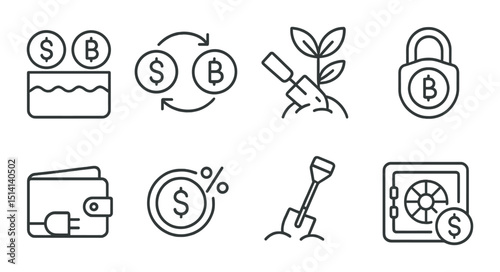 Defi and finance outline icons set – cryptocurrency, investment and banking symbols