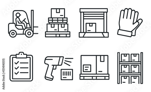 Warehouse operations outline icons set – inventory, logistics and management symbols