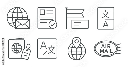 International mail icons set – outline, postal, delivery and communication symbols