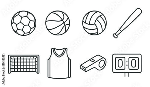 Team sports silhouette icons set – outline, athletics and game symbols