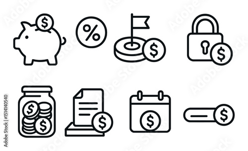 Savings and finance icon set. simple monetary symbols in linear style