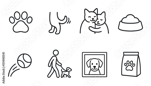 Pet care outline icons set – silhouette, animal and domestic companion symbols