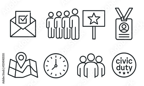 Election day linear icons set – outline, voting and civic engagement symbols