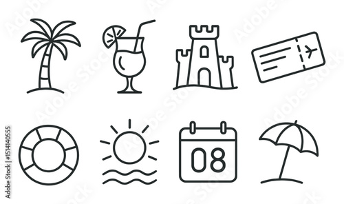 Summer vacation outline icons set – beach, travel, holiday symbols for planning