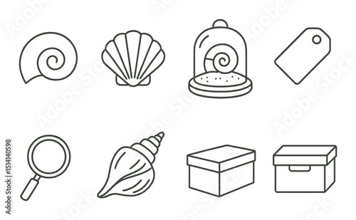 Shell and sea life outline icons set – silhouette, beach and ocean symbols