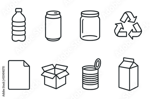 Recyclable materials icons set – silhouette, eco, waste management symbols