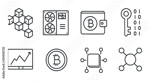 Cryptocurrency linear icons set – outline, blockchain and digital currency symbols