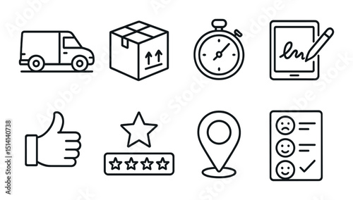 Delivery and logistics linear icons set – outline, shipping and courier service symbols