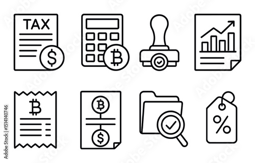 Crypto taxation line icons set – outline, finance and blockchain symbols