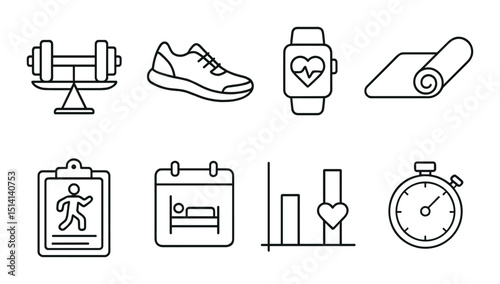 Fitness and balance outline icons set – exercise, health and wellness symbols