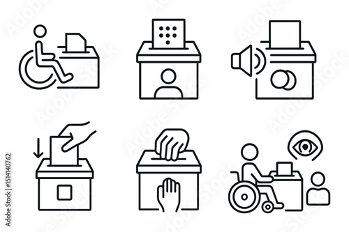Accessible voting outline icons set – election, democracy, disability inclusion symbols