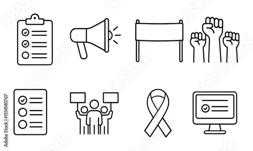 Advocacy and awareness outline icons set – protest, campaign and activism symbols