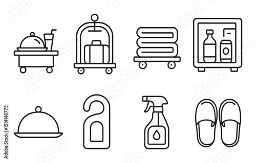 Hotel service line icons set – outline, hospitality, accommodation essentials
