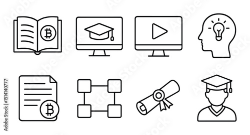 Crypto education outline icons set – linear blockchain, learning, and training symbols