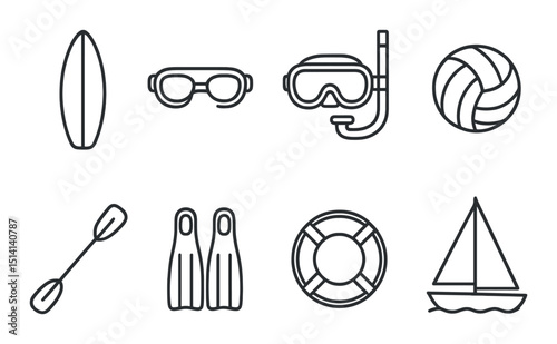 Water sports silhouette icons set – outline, aquatic activities and recreation symbols
