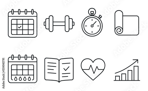 Fitness and schedule line icons set – outline, exercise and health symbols