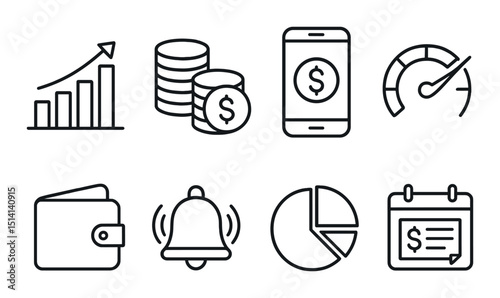 Financial and business outline icons set – linear, economic and money symbols
