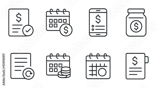 Financial planner outline icons set – money, budgeting and investment symbols